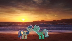 Size: 1920x1080 | Tagged: safe, artist:mr-kennedy92, bon bon, lyra heartstrings, sweetie drops, g4, beach, boop, female, happy, irl, lesbian, noseboop, nuzzling, ocean, photo, ponies in real life, ship:lyrabon, shipping, sun, sunset, vector, water, wave