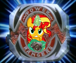 Size: 640x529 | Tagged: safe, artist:wolfjava, edit, sunset shimmer, pony, unicorn, g4, derail in the comments, glowing horn, horn, irl, light burst background, magic, mighty morphin power rangers, morpher, morphin time, morphing, photo, ponies in real life, power morpher, power rangers, red ranger, solo, sunset morphs, telekinesis, vector