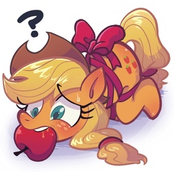 Size: 750x740 | Tagged: dead source, safe, artist:jirousan, applejack, earth pony, pony, apple, apple gag, bondage, bow, female, gag, hogtied, mare, mouth hold, pixiv, question mark, ribbon, solo