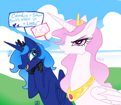 Size: 1901x1658 | Tagged: safe, artist:vita-ex-machina, princess celestia, princess luna, g4, dialogue, pink-mane celestia, shipper on deck, singing, teasing, unamused, younger