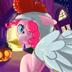 Size: 1600x1600 | Tagged: safe, artist:lopilot, pinkie pie, g4, chicken suit, clothes, costume, door, female, nightmare night, solo