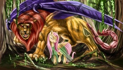Size: 1750x1000 | Tagged: safe, artist:drizzthunter, fluttershy, manticore, g4, clothes, forest, monster, size difference