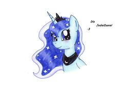 Size: 3085x2171 | Tagged: safe, artist:violetdraw, princess luna, g4, blushing, bust, female, simple background, smiling, solo, traditional art
