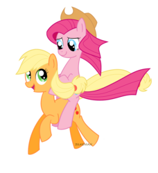 Size: 959x1051 | Tagged: safe, artist:zilkenian, applejack, pinkie pie, g4, happy, hat, pinkamena diane pie, pinkie pie riding applejack, ponies riding ponies, riding