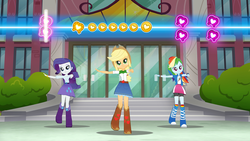 Size: 1136x640 | Tagged: safe, gameloft, applejack, rainbow dash, rarity, equestria girls, g4, official, dancing, game