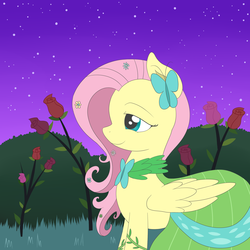 Size: 2500x2500 | Tagged: safe, artist:fluttershyfree, fluttershy, butterfly, g4, bush, clothes, dress, female, flower, gala dress, night, solo, stars