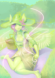 Size: 2507x3541 | Tagged: safe, artist:chung-sae, fluttershy, anthro, plantigrade anthro, g4, ambiguous facial structure, barefoot, clothes, feet, female, hat, picnic, solo, trail