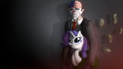 Size: 1191x670 | Tagged: safe, artist:malamol, rarity, human, pony, g4, crossover, dallas, holding a pony, payday, payday 2, payday the heist, raised eyebrow, smiling