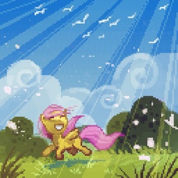Size: 720x720 | Tagged: safe, artist:cmaggot, fluttershy, g4, crepuscular rays, cute, female, grass, happy, outdoors, pixel art, shyabetes, solo, sunlight