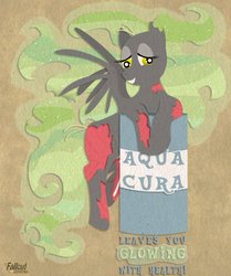 Size: 818x977 | Tagged: safe, artist:scaramouche-fandango, derpy hooves, oc, oc only, ghoul, pegasus, pony, fallout equestria, advertisement, aqua cura, fallout, fallout 3, female, mare, radiation, solo