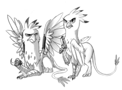 Size: 900x662 | Tagged: safe, artist:olafski, oc, oc only, oc:kage grimfeathers, oc:regina grimfeathers, griffon, fallout equestria, monochrome, weapon