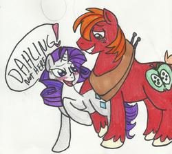 Size: 1513x1350 | Tagged: dead source, safe, artist:enigmaticfrustration, big macintosh, rarity, earth pony, pony, unicorn, g4, male, ship:rarimac, shipping, stallion, straight, traditional art