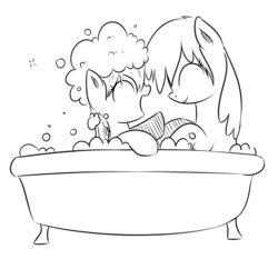 Size: 600x558 | Tagged: safe, artist:xioade, cheerilee, silver spoon, g4, bath, bathtub, bubble, happy, monochrome