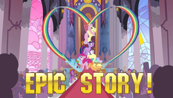 Size: 800x451 | Tagged: safe, screencap, applejack, berry punch, berryshine, bon bon, fluttershy, lyra heartstrings, pinkie pie, princess celestia, rainbow dash, sweetie drops, twilight sparkle, g4, crowd, epic, heart, image macro, rainbow, reaction image, text