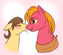 Size: 400x350 | Tagged: safe, artist:lulubell, big macintosh, caramel, earth pony, pony, g4, blushing, gay, kissing, male, ship:caramac, shipping, stallion