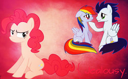 Size: 1024x640 | Tagged: safe, artist:xkiwiqueen, pinkie pie, rainbow dash, soarin', g4, angry, female, jealous, male, ship:soarindash, shipping, straight