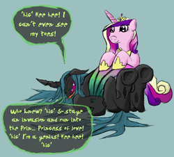Size: 838x758 | Tagged: safe, artist:firefanatic, princess cadance, queen chrysalis, g4, belly, bellyrubs, big belly, changeling feeding, changeling overfeeding, chubby, drunk, eyes closed, fat, female, headcanon, high, inflation, lesbian, on back, open mouth, queen chrysalard, ship:cadalis, shipping, smiling, tongue out, underhoof