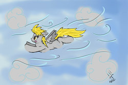 Size: 1024x683 | Tagged: safe, artist:kazzysart, derpy hooves, pegasus, pony, g4, cloud, cloudy, female, flying, mare, solo, tongue out