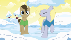 Size: 1024x579 | Tagged: safe, artist:saphiresaphira, derpy hooves, doctor whooves, time turner, earth pony, pegasus, pony, g4, winter wrap up, background pony, clothes, duo, female, male, mare, plant team, snow, stallion, vest, weather team, winter, winter wrap up vest