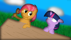 Size: 1024x576 | Tagged: safe, artist:nicoboss143, babs seed, twilight sparkle, g4, duo, meat, ponies eating meat