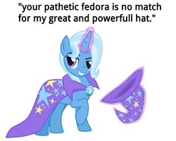 Size: 5000x4000 | Tagged: safe, trixie, pony, unicorn, g4, bronybait, cape, clothes, fedora, fedora shaming, female, great and powerful, hat, magic, mare, solo, telekinesis, text, trixie's cape, trixie's hat