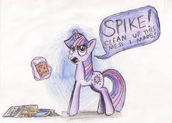 Size: 1703x1220 | Tagged: safe, artist:cynthia-horse, twilight sparkle, g4, book, female, magic, solo, speech bubble, spikeabuse, telekinesis, traditional art