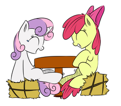 Size: 600x524 | Tagged: safe, artist:xioade, apple bloom, sweetie belle, g4, cute, female, filly, footsie, happy, hay, hoof tickling, hooves, smiling, table, tickling