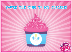 Size: 850x628 | Tagged: safe, pinkie pie, g4, official, balloon, cupcake, frosting, logo, my little pony logo, sunburst background, text