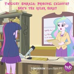 Size: 550x550 | Tagged: safe, princess celestia, principal celestia, twilight sparkle, equestria girls, g4, official, celestia's office, cutie mark accessory, folder, hub logo, hubble, microphone, text, the hub