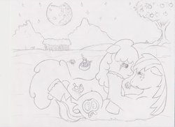Size: 720x525 | Tagged: source needed, safe, artist:hirol-unari, berry punch, berryshine, big macintosh, earth pony, pony, g4, crying, flower, flower in mouth, male, mare in the moon, monochrome, moon, mouth hold, night, shipping, stallion, stars, straight, traditional art, tree
