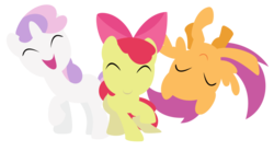 Size: 900x495 | Tagged: safe, artist:ironfruit, apple bloom, scootaloo, sweetie belle, earth pony, pegasus, pony, unicorn, g4, blank flank, cutie mark crusaders, dancing, eyes closed, female, filly, foal, hooves, horn, lineless, minimalist, trio, wings