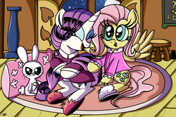 Size: 1274x845 | Tagged: safe, artist:daniel-sg, angel bunny, fluttershy, rarity, g4, clothes, pajamas, sleepover, slippers