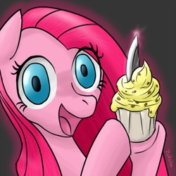 Size: 800x800 | Tagged: safe, artist:zokoira, pinkie pie, g4, cupcake, female, knife, looking at you, pinkamena diane pie, pixiv, smiling, smiling at you, solo, this will end in pain