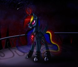 Size: 964x828 | Tagged: safe, artist:myhysteria, rainbow dash, pegasus, pony, g4, balcony, corrupted, dark, evil, fangs, female, nightmare rainbow dash, nightmarified, solo