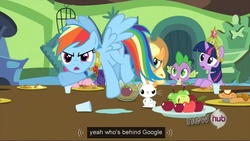 Size: 1023x576 | Tagged: safe, screencap, angel bunny, applejack, pinkie pie, rainbow dash, rarity, spike, twilight sparkle, g4, keep calm and flutter on, apple, big crown thingy, conspiracy theory, cup, glass, google, hub logo, hubble, meme, plate, the hub, water, youtube caption
