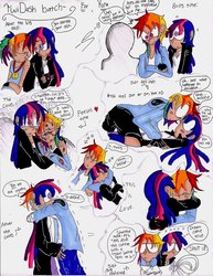 Size: 900x1164 | Tagged: safe, artist:storypony, rainbow dash, twilight sparkle, human, g4, blushing, female, hug, humanized, lesbian, ship:twidash, shipping, sleeping