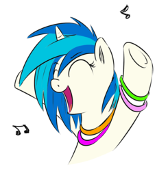 Size: 1005x1024 | Tagged: safe, artist:flamelauncher14, artist:xioade, dj pon-3, vinyl scratch, g4, bracelet, cheering, colored, female, glowstick, happy, music notes, partying, raving, smiling, solo