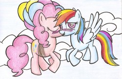 Size: 2168x1405 | Tagged: safe, artist:verappp, pinkie pie, rainbow dash, earth pony, pegasus, pony, g4, balloon, blushing, cloud, cloudy, couple, duo, eyes closed, female, floating, flying, kiss on the lips, kissing, lesbian, mare, ship:pinkiedash, shipping, smiling, then watch her balloons lift her up to the sky, traditional art