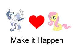 Size: 964x569 | Tagged: safe, fluttershy, absol, g4, crossover shipping, exploitable meme, heart, make it happen, mega absol, mega evolution, meme, pokémon, pokémon x and y, shipping, text