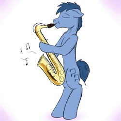 Size: 1280x1280 | Tagged: safe, artist:fuzebox, blues, noteworthy, pony, g4, bipedal, male, music, music notes, musical instrument, saxophone, solo, standing