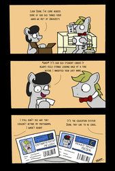 Size: 735x1086 | Tagged: safe, artist:bobthedalek, oc, oc only, oc:mixed melody, oc:octavia's father, oc:octavia's mother, oc:ostinato melody, earth pony, pony, bow, cardboard box, comic, duo, faic, hair bow, hoof hold, musical instrument, organ, paper, parent, pencil, pencil behind ear, sheet music, university