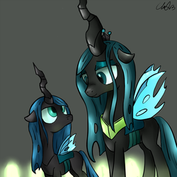 Size: 1000x1000 | Tagged: safe, artist:cs, queen chrysalis, oc, changeling, nymph, g4, collar, cuteling, filly, jewelry, mommy chrissy, mother, mother and daughter, necklace, parent:queen chrysalis