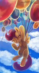 Size: 900x1680 | Tagged: safe, artist:eiolf, scootaloo, pegasus, pony, g4, balloon, cloud, eyes closed, female, flying, harness, solo, tack