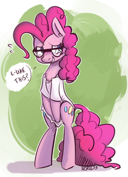 Size: 621x857 | Tagged: safe, artist:xieril, pinkie pie, earth pony, pony, g4, adorkable, bipedal, blushing, bottomless, clothes, colored, covering, cute, dialogue, dock, dork, embarrassed, female, glasses, presenting, shirt, solo