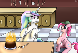 Size: 1280x878 | Tagged: safe, artist:erockertorres, pinkie pie, princess celestia, g4, alternate hairstyle, cake, campaign hat, fail, fire, frosting, ponytail