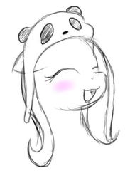 Size: 296x390 | Tagged: safe, artist:silver1kunai, fluttershy, panda, pegasus, pony, g4, :3, blushing, cute, eyes closed, female, floppy ears, hat, mare, open mouth, panda hat, shyabetes, simple background, sketch, smiling, solo, white background