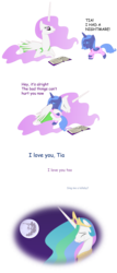 Size: 7672x17990 | Tagged: safe, artist:replaymasteroftime, princess celestia, princess luna, g4, absurd resolution, book, cewestia, clothes, comforting, comic, crying, cute, feels, filly, gritted teeth, hug, mare in the moon, moon, nightgown, pajamas, prone, sad, scared, sisters, smiling, woona