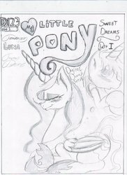 Size: 850x1170 | Tagged: safe, artist:digitaldomain123, artist:dripdropboom, princess luna, oc, oc:dripdrop, comic:sweet dreams, comic:sweet dreams part 1, g4, blushing, comic, monochrome, sketch, smiling, traditional art