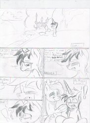 Size: 850x1170 | Tagged: safe, artist:digitaldomain123, artist:dripdropboom, princess luna, oc, oc:dripdrop, comic:sweet dreams, comic:sweet dreams part 1, g4, blushing, comic, crying, meme, monochrome, sad, sketch, traditional art