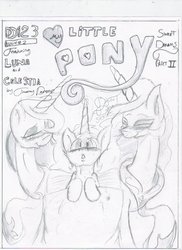 Size: 850x1170 | Tagged: safe, artist:digitaldomain123, artist:dripdropboom, princess celestia, princess luna, oc, oc:dripdrop, comic:sweet dreams, comic:sweet dreams part 2, g4, bed, blushing, comic, monochrome, sketch, traditional art